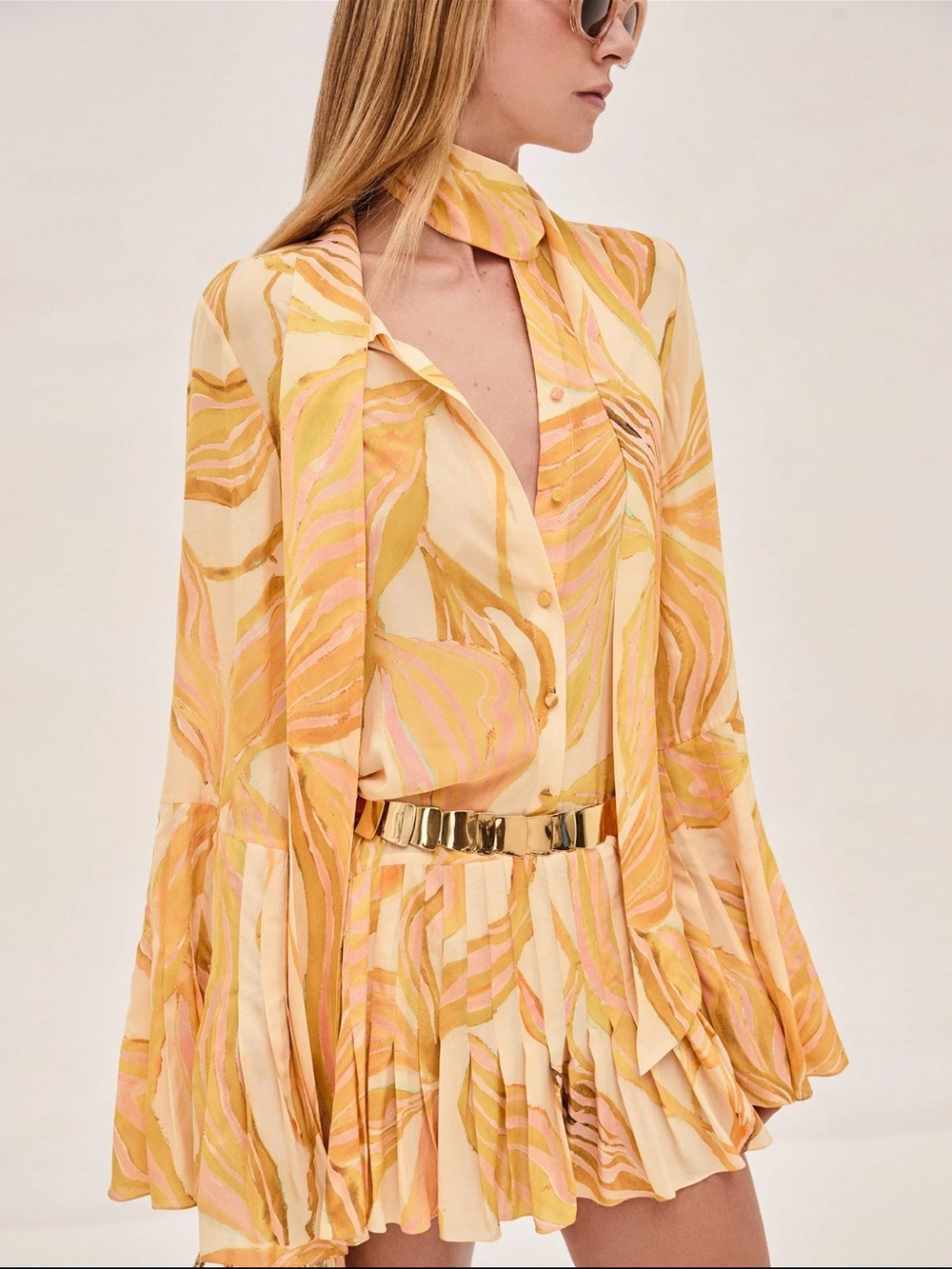 Alexis Yellow and Orange Printed Mini Dress with Scarf